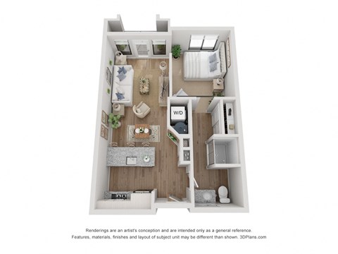 Floor plan for studio, 1 bath, 637 sqft